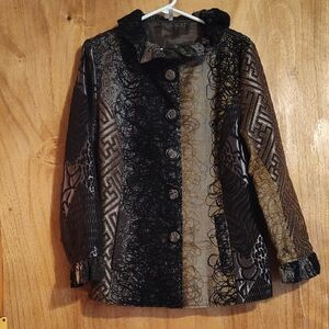 Lindi Artsy Patchwork Jacket Brown Black Silver Silk Blend Ruffle Eclectic Med